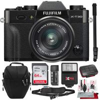Fujifilm X-T30 4K Wi-Fi Mirrorless Digital Camera with XC 15-45mm Lens Kit - Black with 64GB Deluxe Bundle and Travel Photo Cleaning Kit