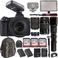 Canon EOS R Mirrorless DSLR w/RF 24-105mm f/4L USM Lens +EF 75-300mm+ RODELink Filmmaker Kit Wireless Omni Lavalier Microphone System + Professional Bi-Color LED Video Light & Accessories