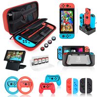 Nintendo Switch Accessories Bundle, Kit with Carrying Case, Screen Protector, Compact Playstand, Switch Game Case, Joystick Cap, Charging Dock, Grip, Steering Wheel for Nintendo Switch, Red (18 in 1)