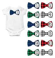 Gift Set of 12 Bowtie Keepsake Photography Monthly Baby Stickers with Lumberjack Buffalo Plaid BT019