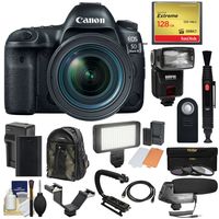 Canon EOS 5D Mark IV 4K Wi-Fi Digital SLR Camera & 24-70mm f/4L is USM Lens + 128GB CF Card + Battery & Charger + Backpack + Flash + LED Light + Microphone Kit