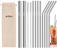 grilljoy 13pc Reusable Metal Straws for Drinks with 2 Cleaning Brushes - Multiple Stainless Steel Straws with 4 Straight 4 Bent 2 Boba Straws - Eco Friendly Drinking Straws with Case for Tumbler Yeti