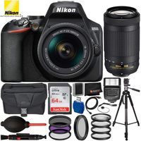 Nikon D3500 DSLR Camera with AF-P DX 18-55mm G VR & 70-300mm f/4.5-6.3G ED Lens - 14PC Accessory Bundle Includes 64GB SD Memory Card + Variable Neutral Density Filter + 72" Full-Size Tripod + More