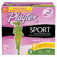 Playtex Sport Tampons with Flex-Fit Technology, Regular and Super Multi-Pack, Unscented - 50 Count (3 Packs (50 Count))