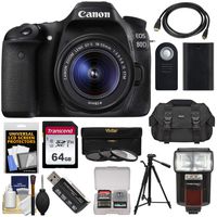 Canon EOS 80D Wi-Fi Digital SLR Camera & EF-S 18-55mm is STM Lens with 64GB Card + Battery + Case + Flash + Tripod + 3 Filters + Kit