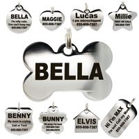Stainless Steel Pet ID Tags - Engraved Personalized Dog Tags, Cat Tags Front & Back up to 8 Lines of Text - Bone, Round, Heart, Flower, Badge, House, Star, Rectangle, Bow Tie