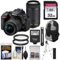 Nikon D5600 Wi-Fi Digital SLR Camera with 18-55mm VR & 70-300mm DX AF-P Lenses with 32GB Card + Backpack + Flash + Tripod + Kit (Renewed)