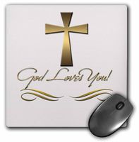3dRose LLC 8 x 8 x 0.25 Inches Mouse Pad, God Loves You in Gold Colors with A Gold Colored Cross on A Creme Background (mp_99112_1)