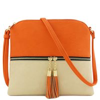 Lightweight Colorblock Medium Crossbody Bag with Tassel (Orange/Nude)