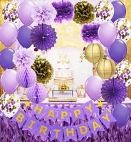 Purple Gold Birthday Party Decorations Happy Birthday Banner Purple Gold Confetti Balloons Polka Dot Paper Fans for Women/Girl Purple Birthday Decorations Purple Gold Birthday Photo Backdrop