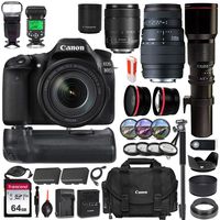 Canon EOS 80D DSLR Camera w/Battery Grip & 3 Lens Kit (18-135mm, 70-300mm & 500mm Preset) + Pro Luxury Accessory Bundle (20+ Items) incl. Canon Gadget Bag, 64GB Memory Card, TTL Flash & More
