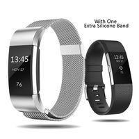 Smasy Replacement Bands Compatible with Fitbit Charge 2, Stainless Steel Metal Bands and Extra Silicone Bands(Large, Silver + Black)