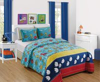 Kids Zone 2pc Twin Size Bedspread Dinosaurs Yellow, Red and Aqua Blue Rar Growl Rumble Voices Foot Print New