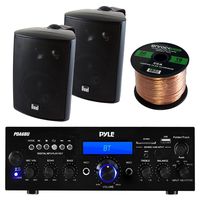 Pyle PDA6BU Amplifier Receiver Stereo, Bluetooth, FM Radio, USB Flash Reader, Aux input LCD Display, 200 Watt With Dual LU43PB Indoor/Outdoor Speakers Bundle With Enrock 50ft 16g Speaker Wire
