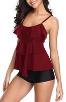 Holipick Women 2 Piece Flounce Printed Top Tankini Bathing Suits Wine Red M