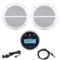 Enrock Multimedia Gauge Style Marine Grade Bluetooth Receiver, 2 x Enrock 2-Way 6.5" Weather-Resistant Full-Range Speakers (White), Auxiliary Interface Mount, Radio Antenna