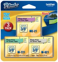 Brother ME793 P-Touch M Tape 3/Pack, Black on Pink, Black on Green, Black on Silver