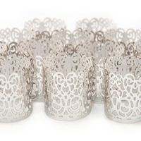Frux Home and Yard Votive Candle Holders - Flameless Tea Light Votive Wraps- 48 Silver Colored Laser Cut Decorative Wraps Flickering LED Battery Tealight Candles (not Included)