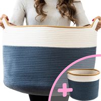 Little Hippo 2pc XXXL Large Cotton Rope Basket (22"x14") 100% Natural Cotton! Rope Basket, Woven Storage Basket, Large Basket, Blanket Basket Living Room, Toy Basket, Pillow Basket, Round Basket