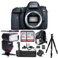 Canon EOS 6D Mark II Wi-Fi DSLR Camera Body with Battery Grip, Zoom Swivel TTL Flash, Backpack, Double 64 GB SD Card, Dloica Tripod, 2 Extra Spare Batteries Advanced Travel Bundle