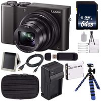 Panasonic LUMIX 4K DMC-ZS100 Digital Compact Camera (Black) + 64GB Memory Card + Extra Battery + Charger + Tripod Bundle