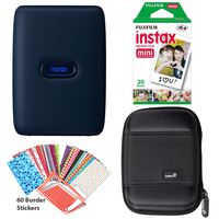 Fujifilm Instax Mini Link Smartphone Printer (Dark Denim), Instant Film 20 Sheet Pack, 60 Border Stickers and Carrying Case