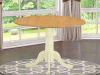 East West Furniture Dublin Round Table with Two 9" Drop Leaves-Oak and Buttermilk Finish