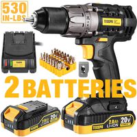 Drill, 20V Cordless Drill Driver 2x2000mAh Batteries, 530 In-lbs Torque, 24+1 Torque Setting, Fast Charger 2.0A, 2-Variable Speed, 33pcs Accessories, 1/2" Metal Keyless Chuck, Upgraded Version