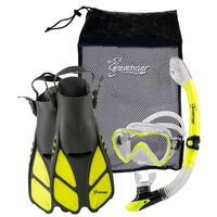 Seavenger Diving Dry Top Snorkel Set with Trek Fin, Single Lens Mask and Gear Bag, S/M - Size 4.5 to 8.5, Gray/Neon Yellow