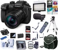 Panasonic LUMIX GH5 4K Mirrorless Camera with 12-60mm Lens, Bundle with Bag, Intervalometer, Mic, LED Light, Dual Charger, Battery, Filter Kit, 64+32GB SD Card, Flip-Flash Bracket, Tripod, More