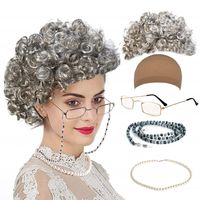 qnprt Old Lady/Mrs. Santa Wig, Madea Granny Glasses, Eyeglass Chains Holder and Cords Strap,FauxPearl Beads Choker Necklaces,Style-1