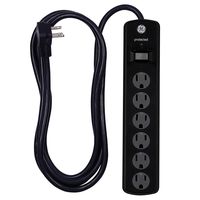 GE, Black, 6 Outlet Surge Protector, 8 Ft Extension Cord, Power Strip, 1300 Joules, Twist-To-Close Safety Covers, 33662