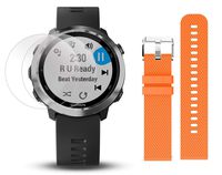 Garmin Forerunner 645 Music Bundle with Extra Band & HD Screen Protector Film (x4) | Running GPS Watch, Wrist HR, Music & Spotify, Garmin Pay (Stainless + Music, Orange)