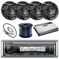 Kenwood KMR-M315BT Marine Boat Yacht Radio Stereo Receiver Bundle Combo With 4x JVC CS-DR6200M 6.5" 2-Way Coaxial Speakers + 360-Watt Amplifier + Enrock Radio Antenna + 50 Foot 16g Speaker Wire