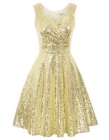 GRACE KARIN Women's Wrap V-Neck Formal Evening Gowns Swing Dress Size 2XL Gold CL061-1