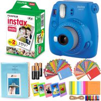 Fujifilm Instax Mini 9 Instant Camera (Cobalt Blue) + Fuji Instax Mini Instant Film Twin Pack (20 Exposures), Blue Photo Album, 4AA Batteries, 120 Assorted Mini Stickers/Hanging Frames + More