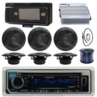 Kenwood KMRD372BT Marine Boat Audio Bluetooth CD Player Receiver W/Protective Cover - Bundle Combo with 6X Black 6-1/2'' 150W Waterproof Stereo Speakers + Enrock Antenna + 400W Amplifier + 50-FT Wire