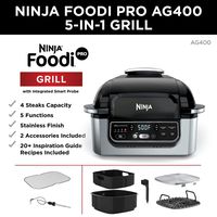 Ninja Foodi Pro 5-in-1 Integrated Smart Probe and Cyclonic Technology Indoor Grill, Air Fryer, Roast, Bake, Dehydrate (AG400), 10" X 10", Black and Silver