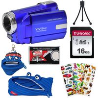Vivitar DVR-508 HD Digital Video Camera Camcorder (Blue) with 16GB Card + Monstar Case & Pouch + Puffy Stickers + Tripod + Kit