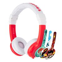 BuddyPhones Explore Foldable, Volume-Limiting Kids Headphones, Foldable Headband with Travel Bag, Built-in Audio Sharing Cable with Mic, Compatible with Fire, iPad, iPhone, and Android Devices, Red
