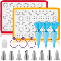 Hotpop Macaron Baking Kit (17pcs Set) - 2 Half Size Silicone Macaron Baking Mats (0.75mm) plus 8 Piping Tips, 3 Piping Bags with 3 Bag Ties, 1 Coupler