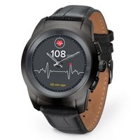 MyKronoz ZeTime Petite Premium Hybrid Smartwatch 39mm with Mechanical Hands Over a Color Touch Screen, Swiss Design, iOS and Android - Brushed Black/Black Embossed Leather
