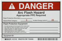 Brady 121102 Vinyl Preprinted Arc Flash Labels,  Black and Red On White, 4" Height x 6" Width, Legend "Danger Arc Flash Hazard Appropriate Ppe Required Flash Protection Boundary____ Flash Hazard Category 3..." (5 Labels per Package)