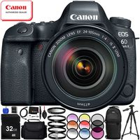 Canon EOS 6D Mark II with EF 24-105mm f/4L is II USM Lens - 16PC Accessory Bundle Includes 3 Piece Filter Kit (UV, CPL, FLD) + Sling Backpack + 32GB SD Memory Card + Full-Size 72" Tripod + More