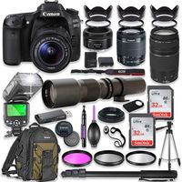 Canon EOS 80D DSLR Camera with 18-55mm Lens Bundle + Canon EF 75-300mm III Lens, Canon 50mm f/1.8 & 500mm Lens + TTL Flash + Canon Backpack + 64GB Memory + Monopod + Professional Bundle ...