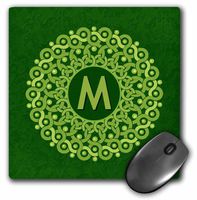 3dRose LLC Monogram Mandala on Forest Green Muted Grunge Damask Pattern Mouse Pad, M Lime and Olive Green (mp_32244_1)