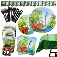 177 Piece Dinosaur Party Supplies Set Including Plates, Cups, Napkins, Spoons, Forks, Knives, Tablecloth and Banner, Serves 25