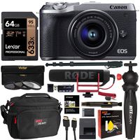 Canon EOS M6 Mark II Mirrorless Camera with Viewfinder and EF-M 15-45mm Lens (Silver) CN3612C011 with Lexar 64GB Memory Card, Rode Mic, Tabletop Tripod, Filter Kit, and Camera Bag Bundle