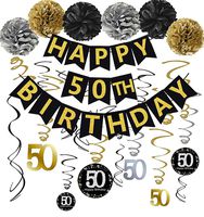Famoby Black & Gold Glittery Happy 50th Birthday Banner,Poms,Sparkling 50 Hanging Swirls Kit for 50th Birthday Party 50th Anniversary Decorations Supplies