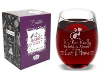 It's Not Really Drinking Alone If The Cat Is Home - Funny Stemless Wine Glass Coaster and Gift Box - 17 Oz - Cool and Original Birthday Christmas Christmas Present idea for Cat Lovers
